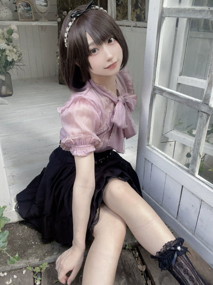 Jirai Kei Blouse Black White Pink Shirt Bowknot Short Sleeve Shirt 31994:425564