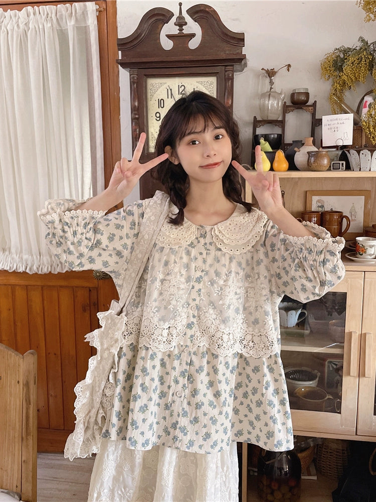 Mori Kei Blouse Floral Cotton Linen Shirt With Lace 36222:524842