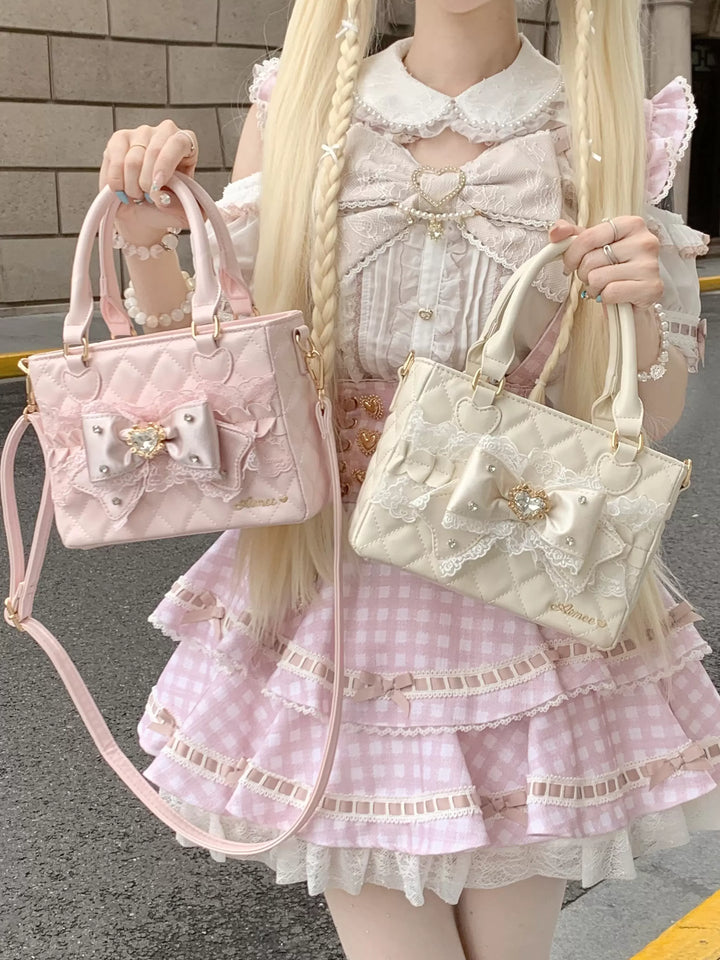 Ryousangata Square Handbag, Lace Bow & Diamond Quilting 45754:862827