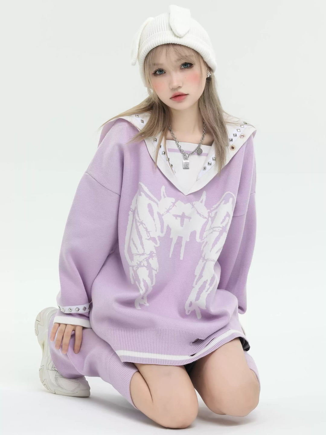 Plus Size Y2K Sweater Sailor Collar Pull-over Knit Top (Violet / L M S) 41164:697990