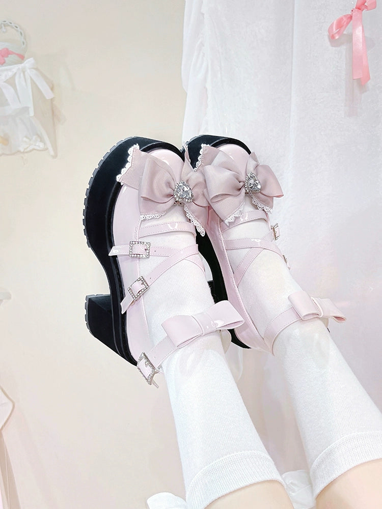 Jirai Kei Shoes Bow High-heeled Platform Ryousangata Shoes 38040:594230