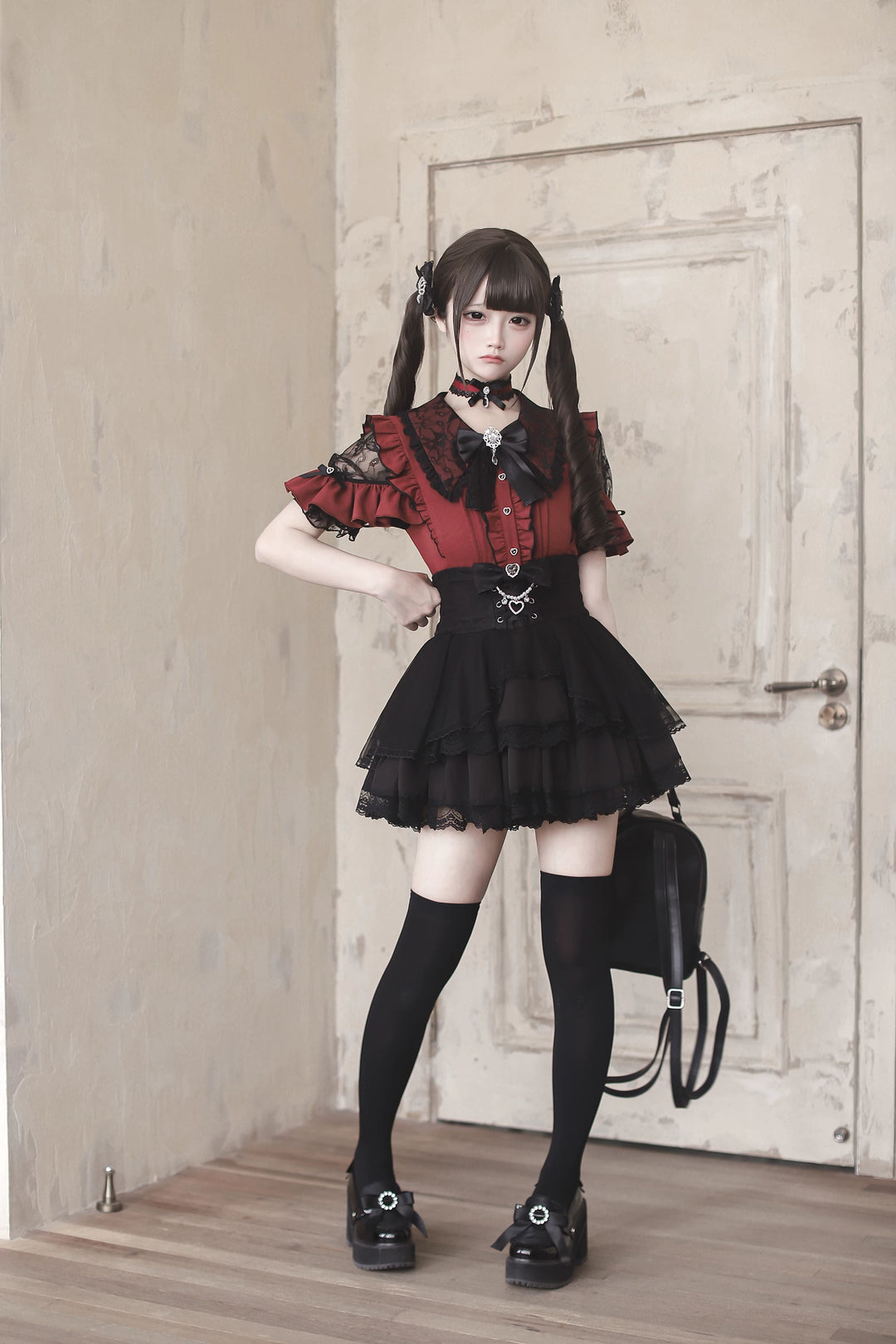 Jirai Kei Lace Sleeve Blouse, Ruffle Details 45194:841357