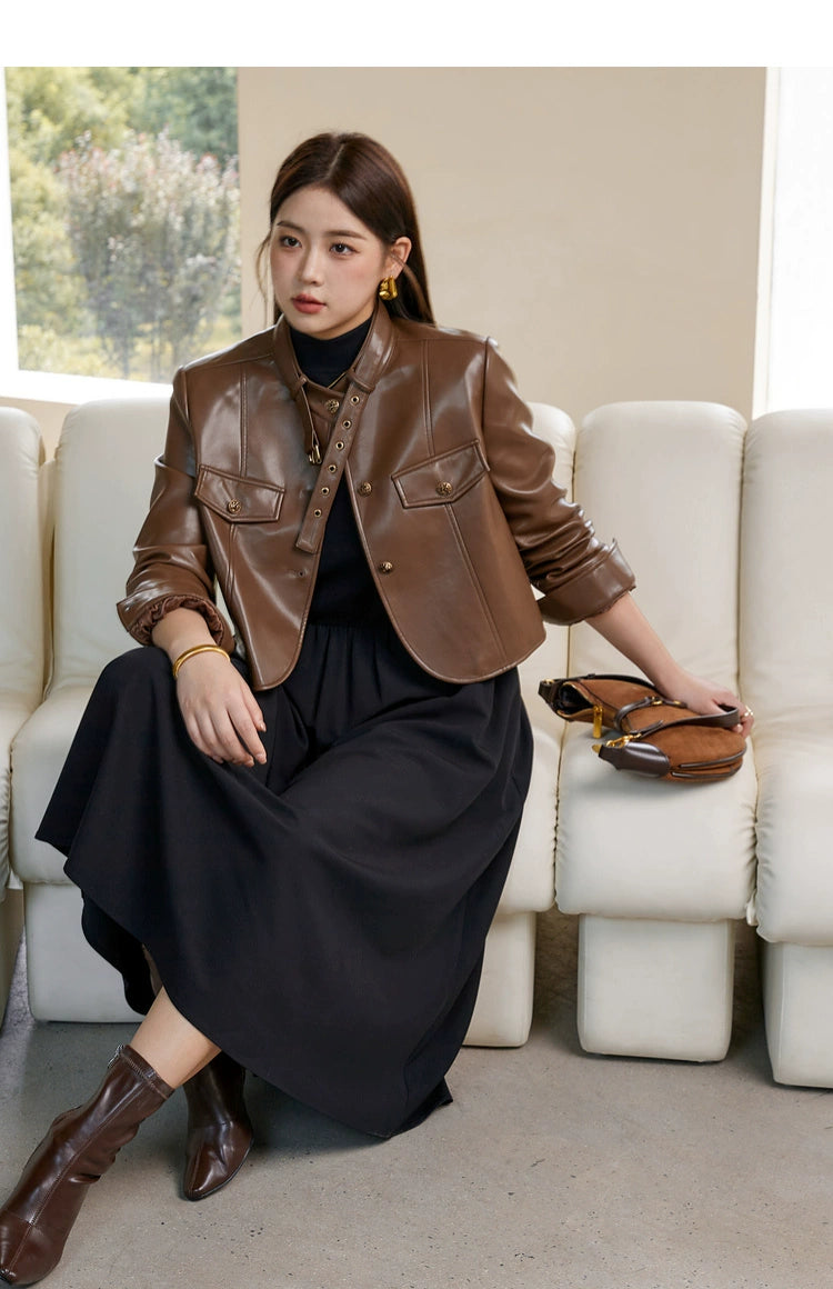 Plus Size Brown Leather Jacket Black Dress 29808:362878 29808:362878