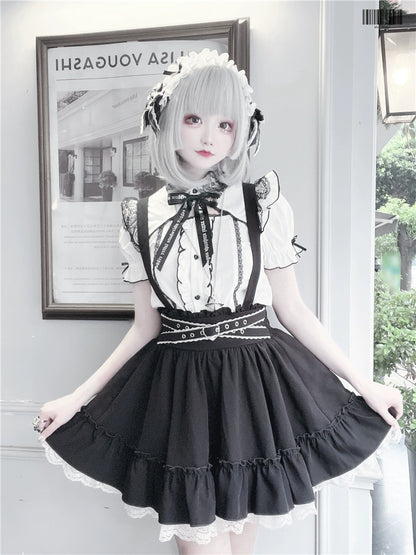 Black Jirai Kei Skirt Heart Buckle Cross-Strap Overalls 31996:397338