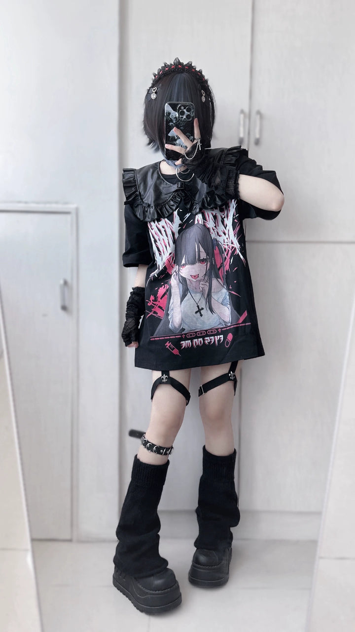 Jirai Kei T-shirt Black Cotton T-shirt Girl Print 38876:608276