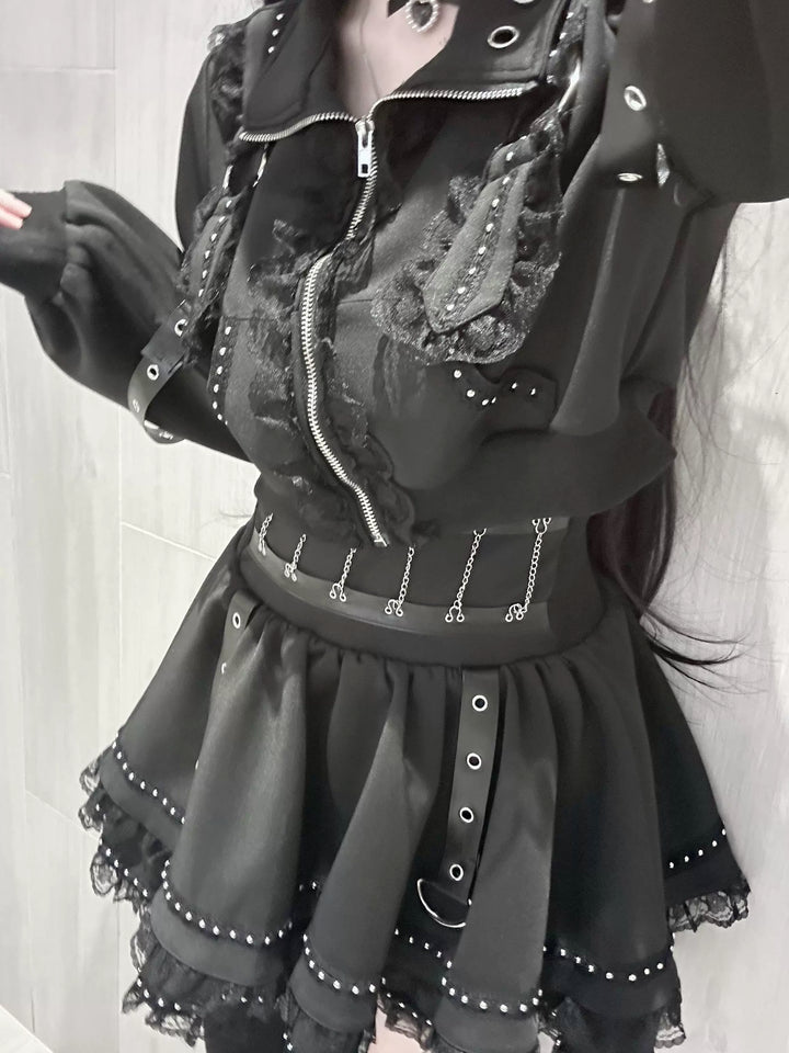 Punk Jacket and Skirt, Cross Zipper and Studs 45649:858245