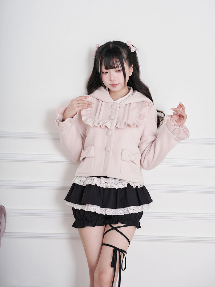 Ryousangata Hooded Solid Coat, Ruffled Neckline 45955:870349