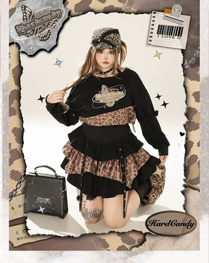 Plus Size Gyaru Outfit Set Leopard Plaid Skirt Set 39400:627792