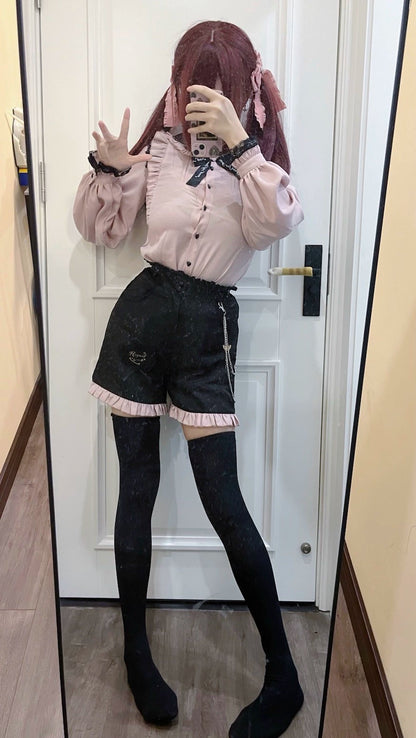 Jirai Kei Lace Collar Long Short Sleeve Blouse and Shorts 21648:314860
