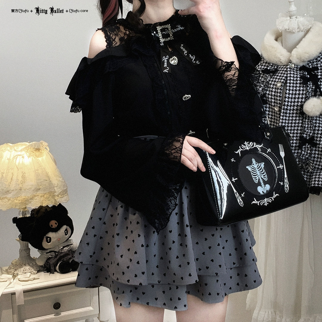 Lace Open-Shoulder Jirai Kei Blouse, Long Sleeves 44004:793097