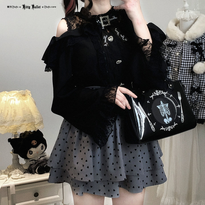 Lace Open-Shoulder Jirai Kei Blouse, Long Sleeves 44004:793097