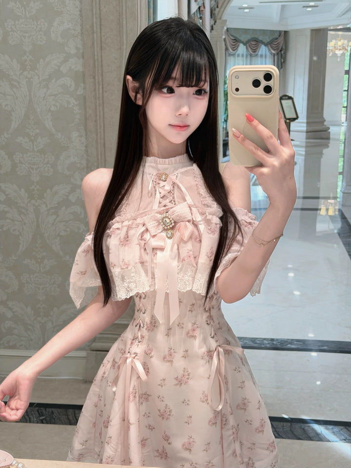 Pink Open Shoulder Ryousangata Dress, Floral Print 45289:846971