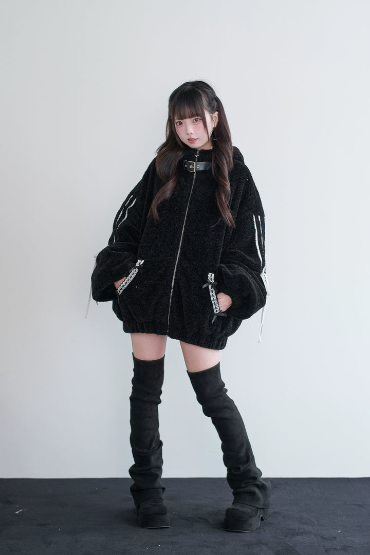 Daily Style Black Winter Coat, Bunny Ear Hood 44326:805283