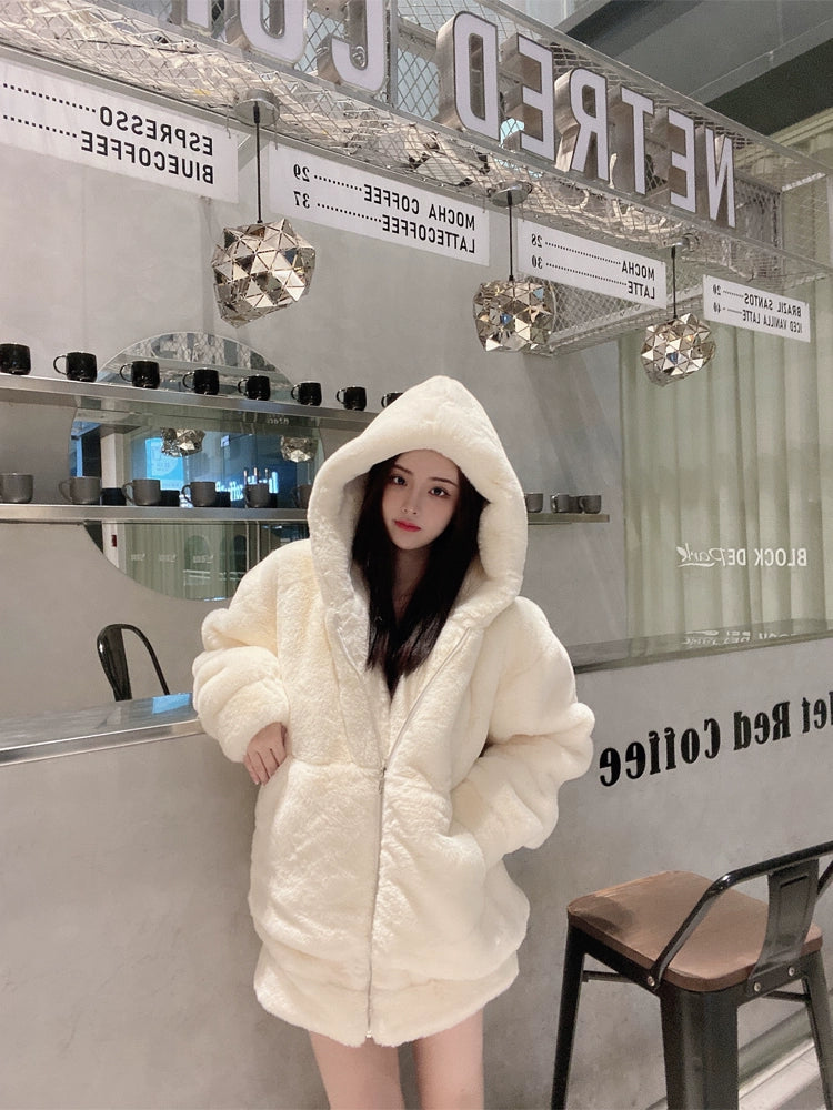 Jirai Kei Winter Coat Thick Fleece Hooded With Cute Bunny Ears 32468:386344 32468:386344