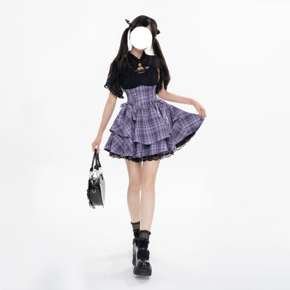 Kawaii Purple Plaid Onepiece Dress Black Bolero (L M S XL) 22508:323474 22508:323474