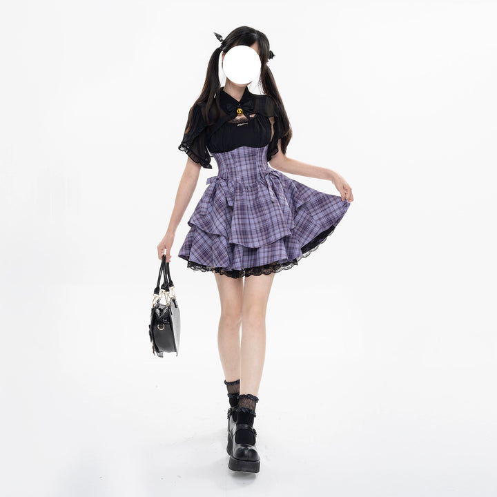 Gyaru Purple Plaid Dress With Lace Trim And Black Bolero 22508:323474