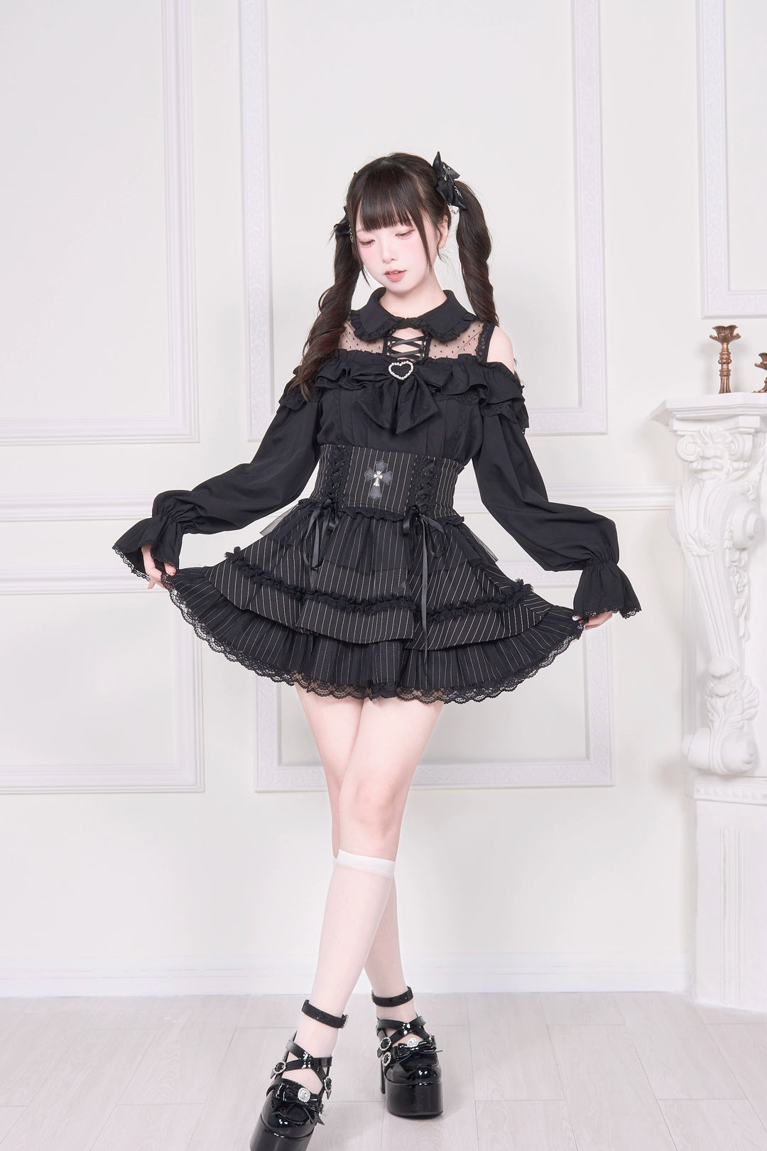 Sheer Open Shoulder Jirai Kei Blouse, Chest Flounce Hem 43682:782676