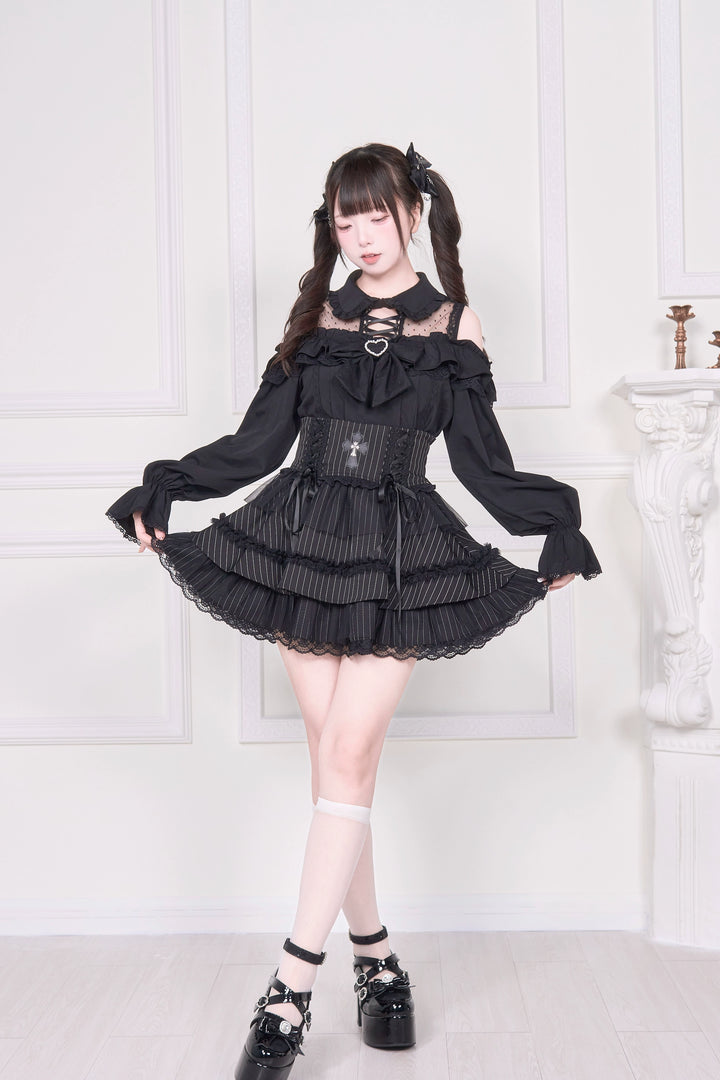 Sheer Open Shoulder Jirai Kei Blouse, Chest Flounce Hem 43682:782676
