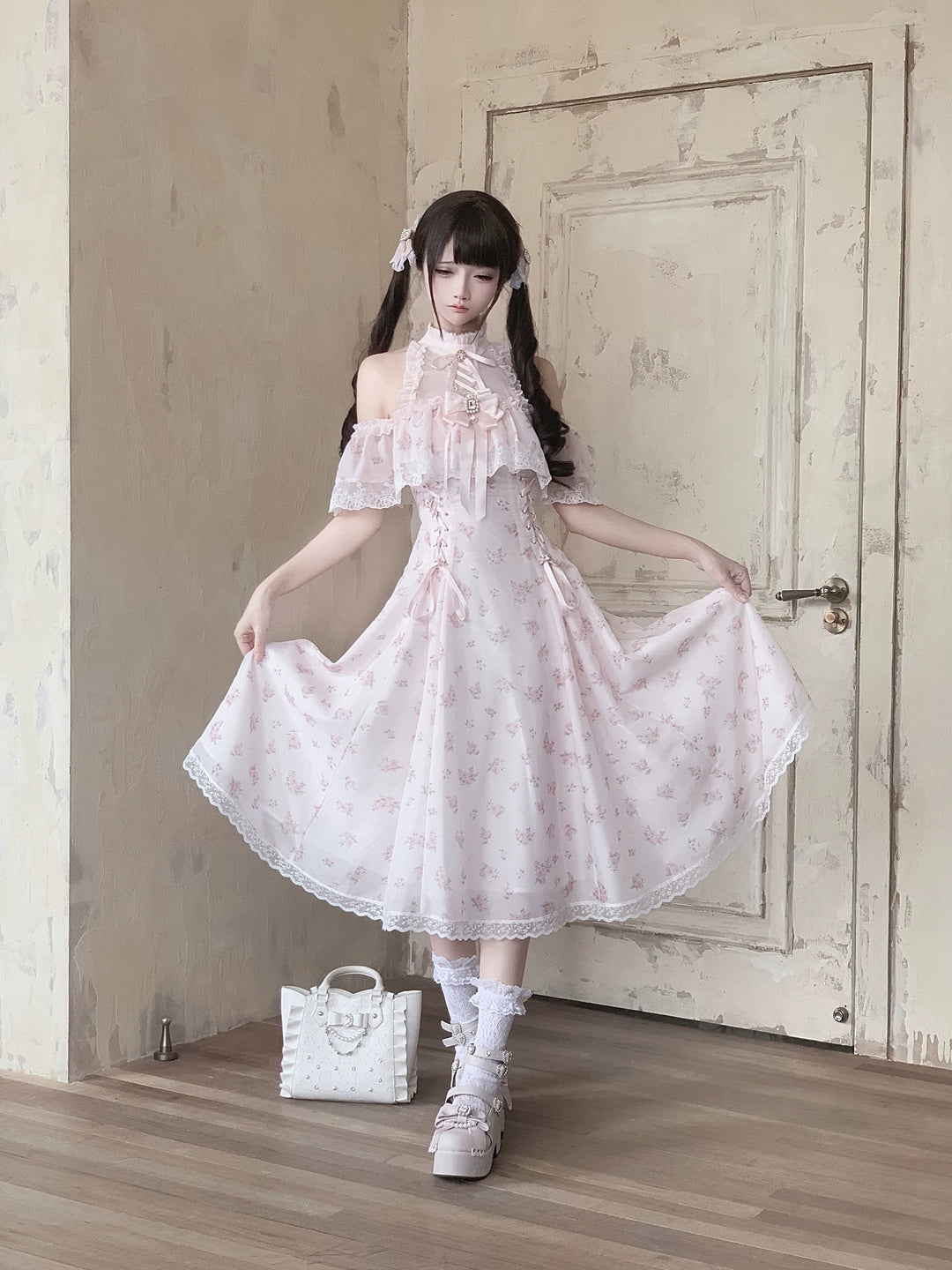 Seiso Kei Floral Print Long Dress, Open Shoulder 45360:847065