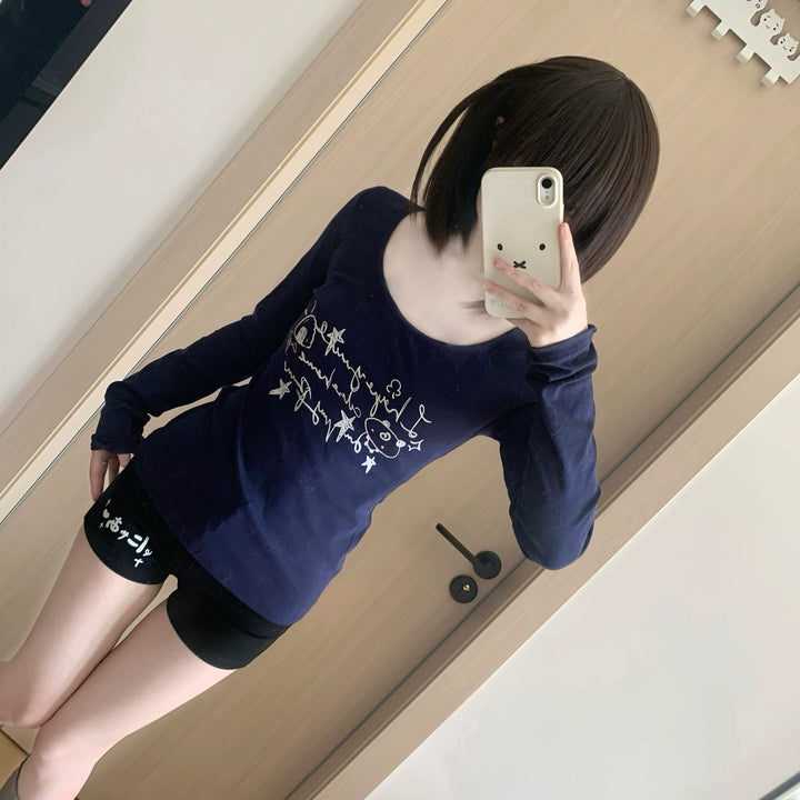 Long-Sleeved Gyaru Style Shirt with Otaku Graphic Print 42901:757244