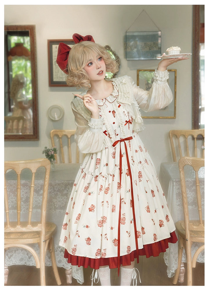 Classic Lolita Dress With Short Sleeve And Floral Tea Pot Print Multicolor 37134:552466