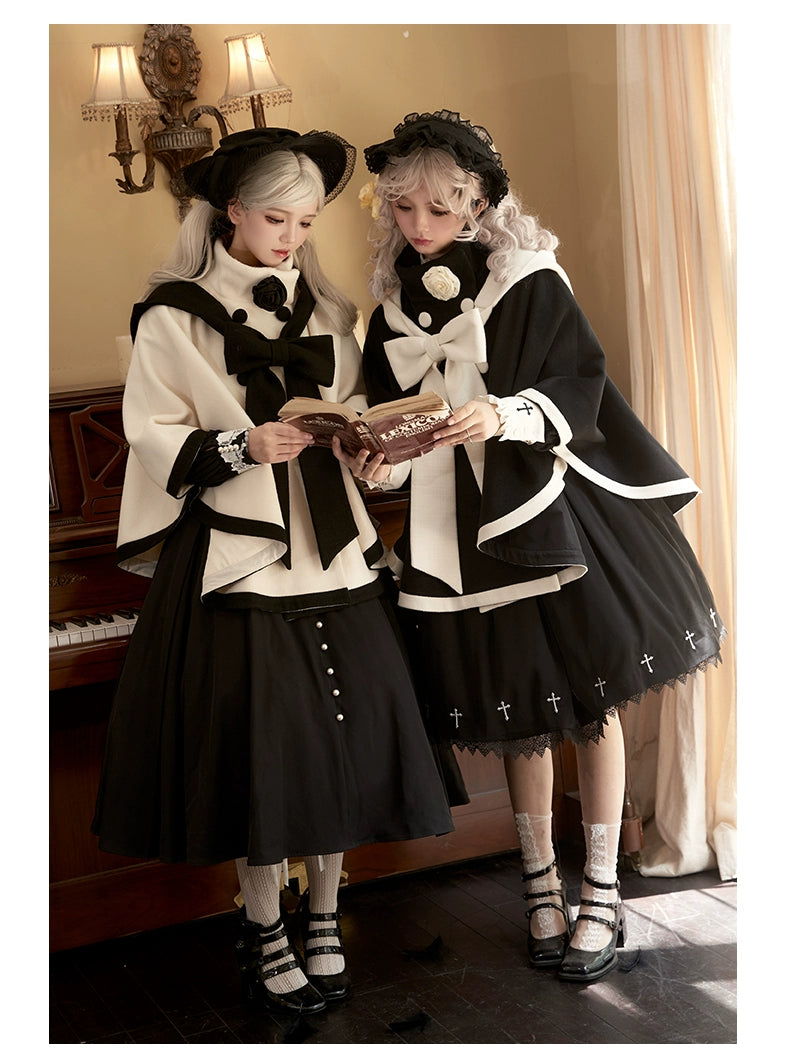 Elegant Lolita Winter Coat Black and White Camellia Cape 40284:658258