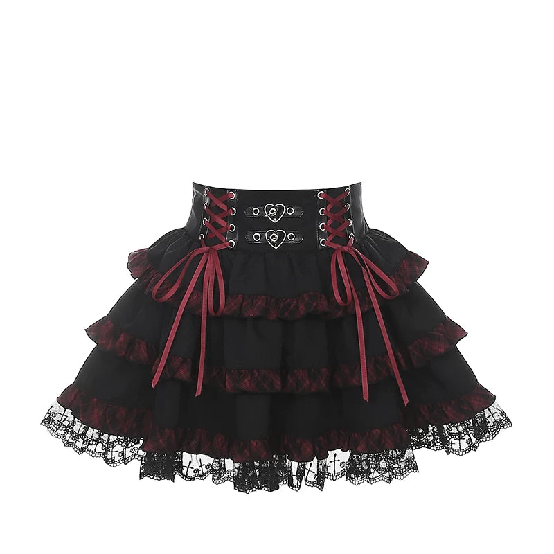 Punk Strawberry and Chain Print T-shirt, Red Plaid Skirt (L M S XL) 45365:851387