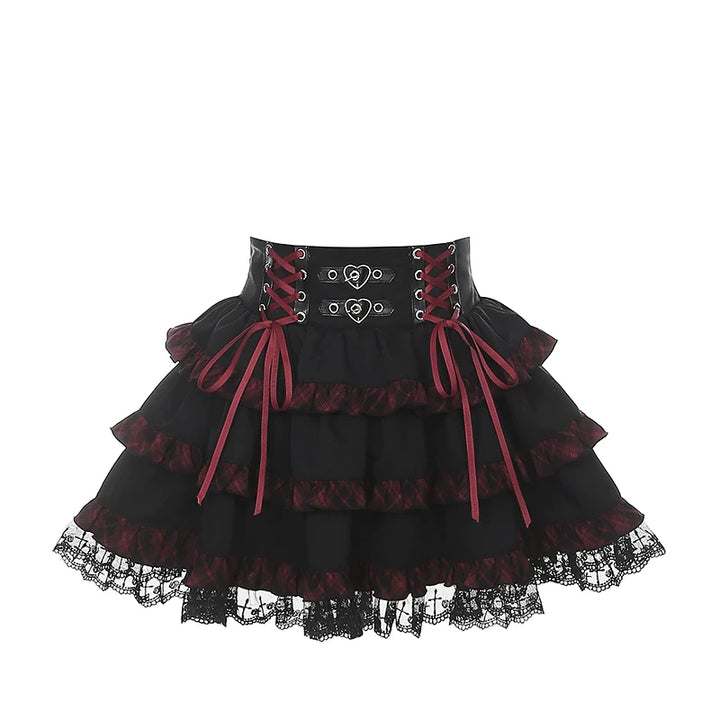 Punk Strawberry and Chain Print T-shirt, Red Plaid Skirt (L M S XL) 45365:851387