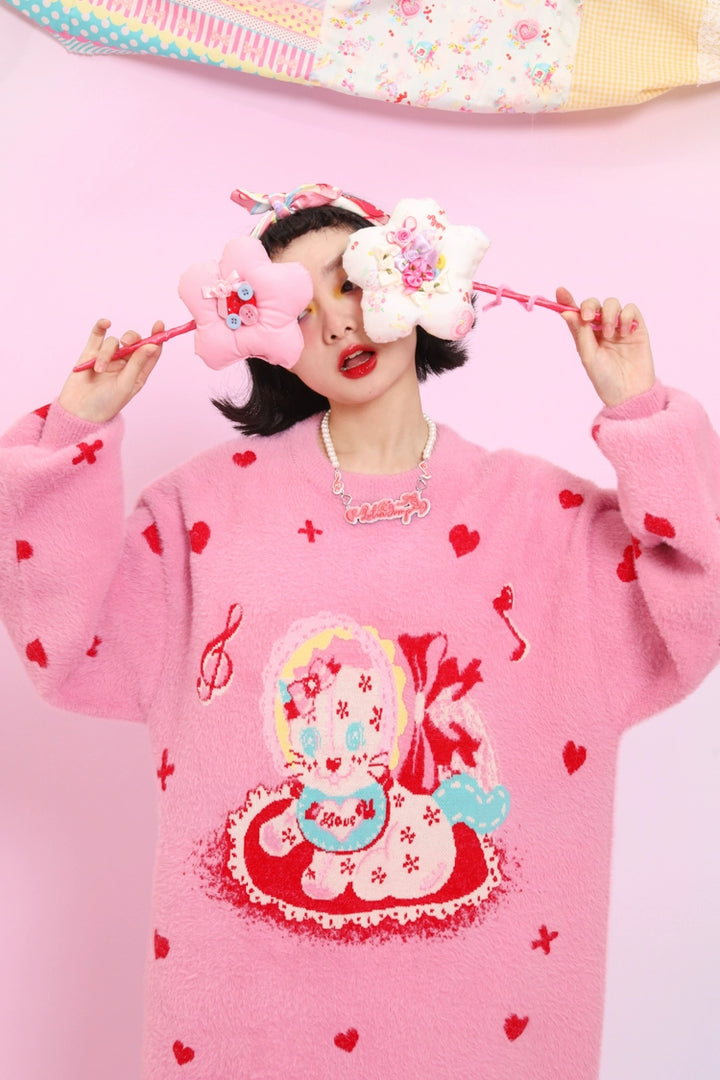 Kawaii Pink Sweater Dress Fluffy Dress With Heart Cat Patterns 31508:367804 31508:367804