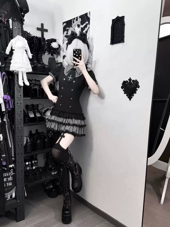 Low-Waist Jirai Kei Dress Set, Cross Embroidery 44780:826728