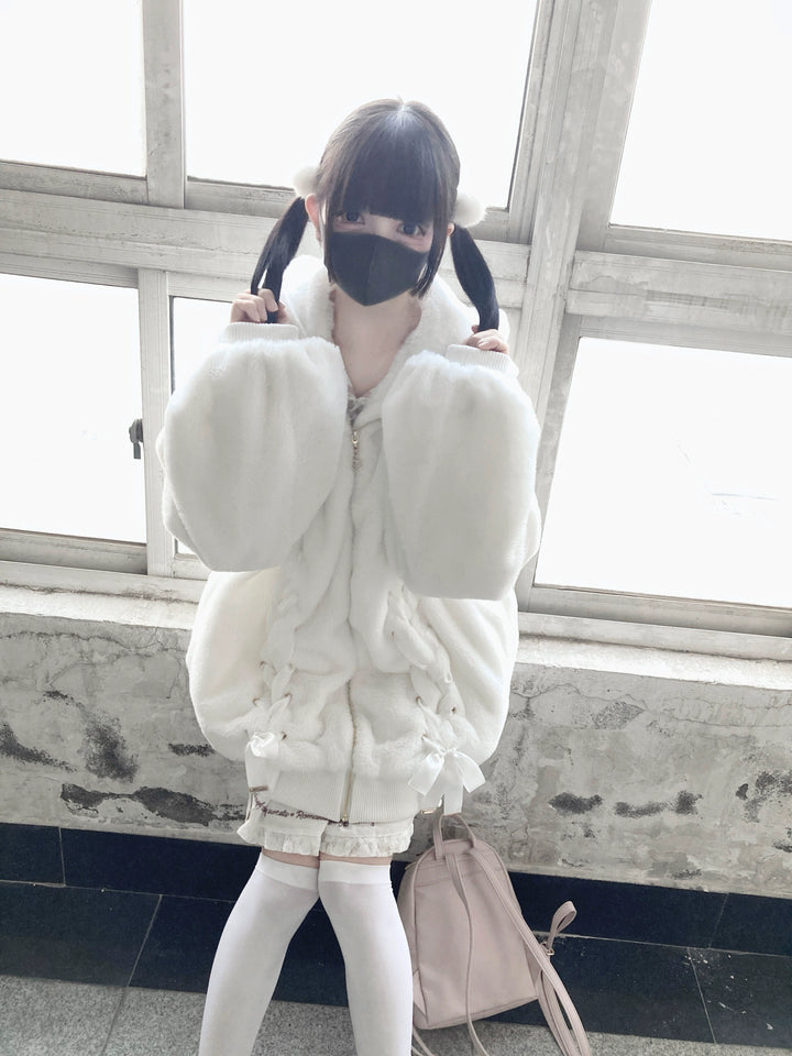 White Jirai Kei Plush Coat Ryousangata Ribbon Bowknot Jacket 33306:446256 33306:446256