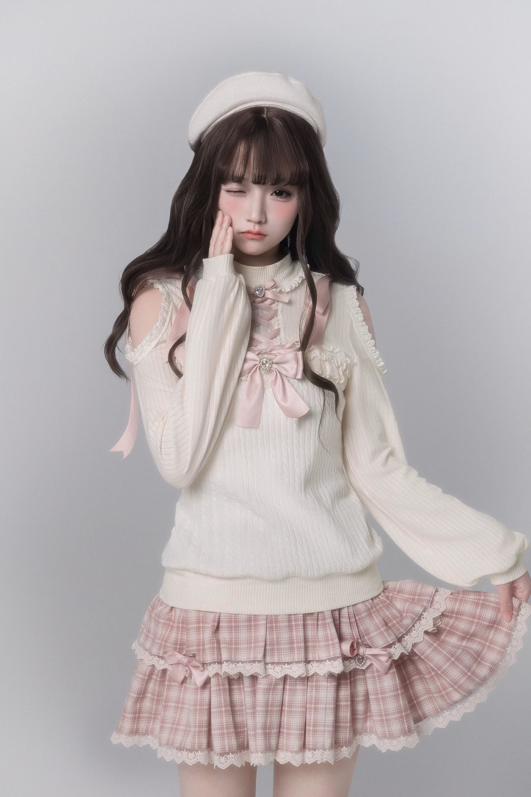 Ryousangata Open-Shoulder Sweater, Tiered Plaid Skirt (L M S) 44776:824064