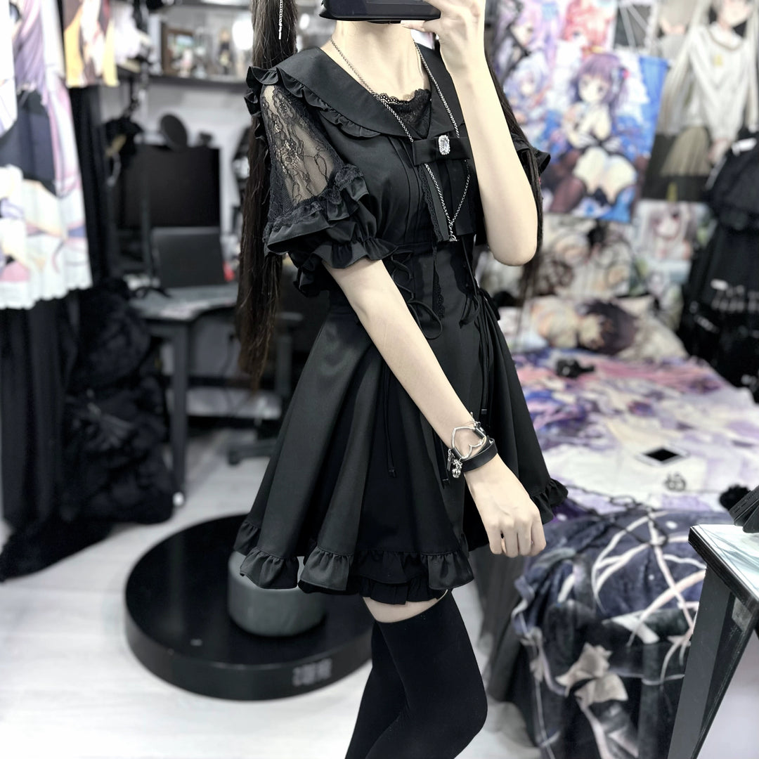 Jirai Kei Dress Sailor Collar Black Dress Slim Fitting Dress Set 38730:599304