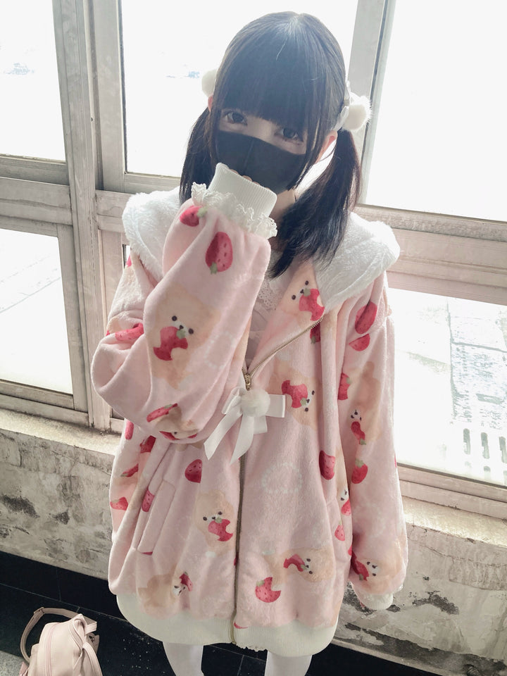 Jirai Kei Winter Coat Pink Strawberry Jacket Flannel Coat 39516:622610