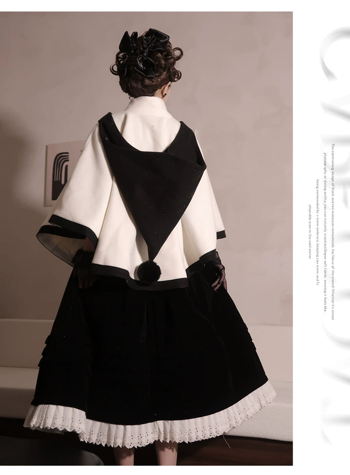 Elegant Lolita Winter Coat Black and White Camellia Cape 40284:658264