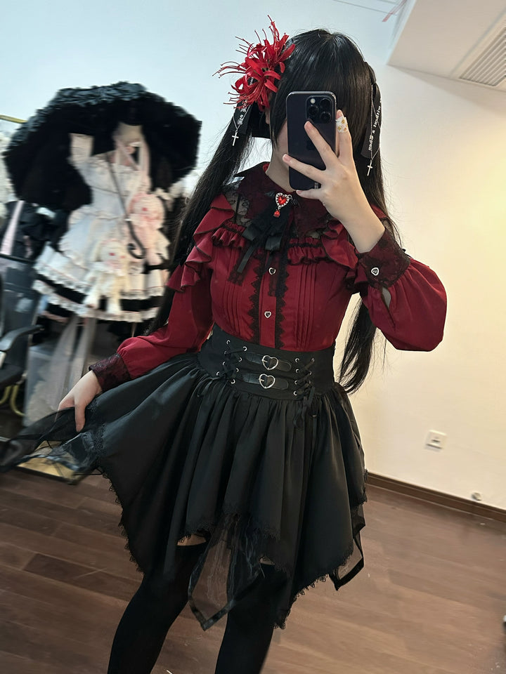 Jirai Kei Blouse Lace Bat Collar Wine Red And Black Shirt 39630:633386