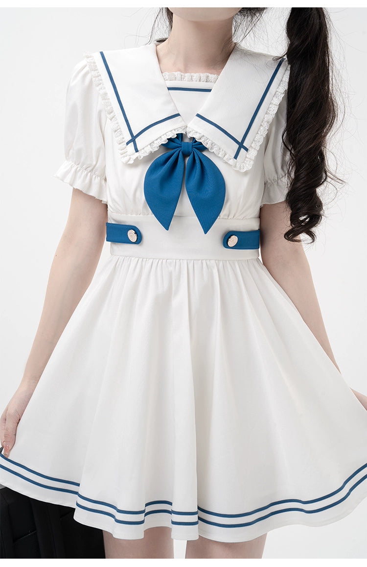 Preppy Dress Sailor Collar Dress White Short Sleeve Dress (L M S XL / White) 36416:574310