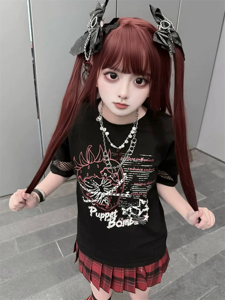 Punk Strawberry and Chain Print T-shirt, Red Plaid Skirt 45365:851396