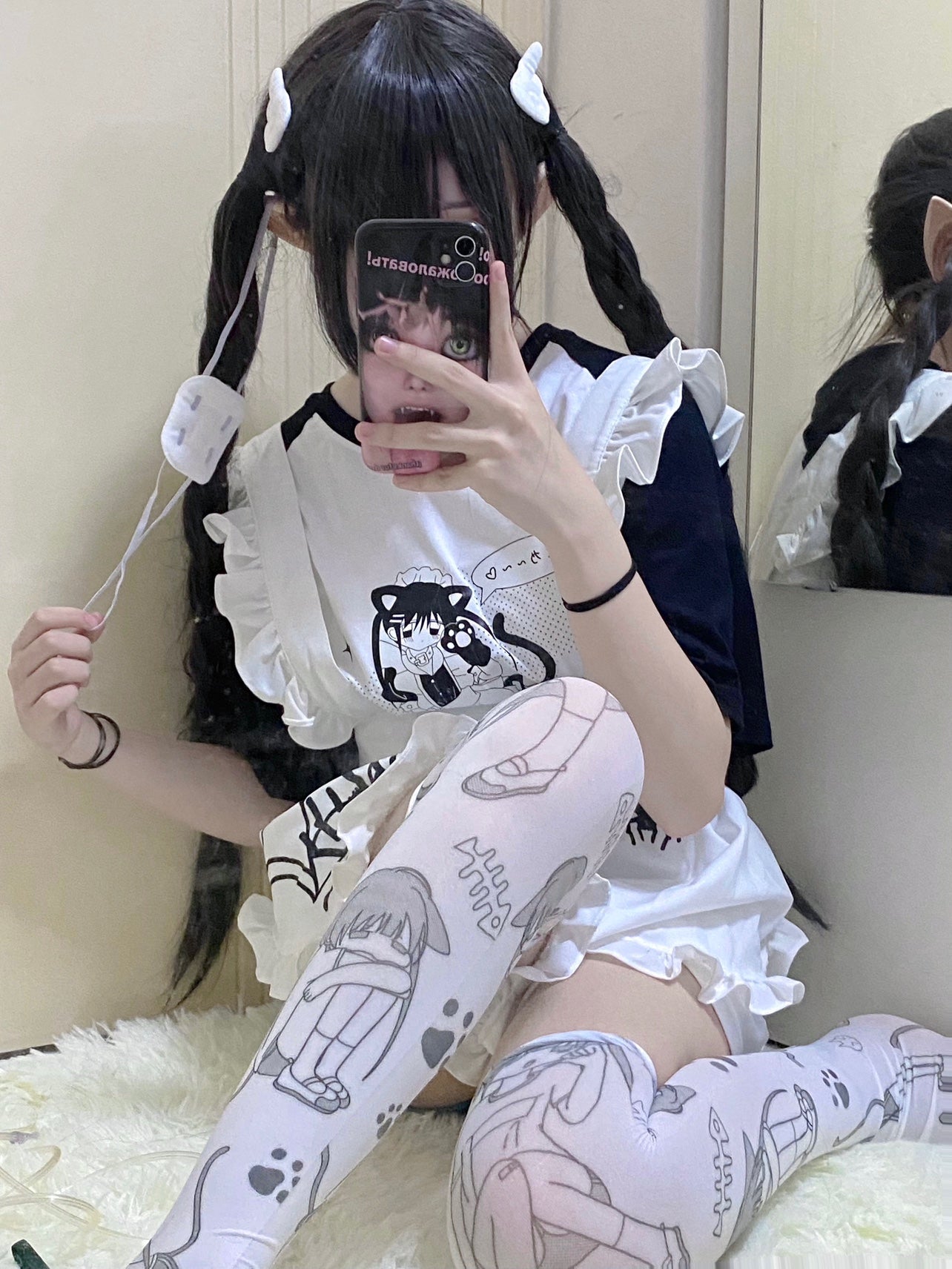 Yami Kawaii Socks Anime Print Socks White Velvet Thigh-high Socks 36620:526458