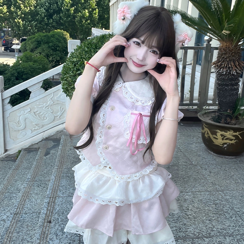 Kawaii Pink Outfit Set Sweet Tiered Skirt Set 37546:576788