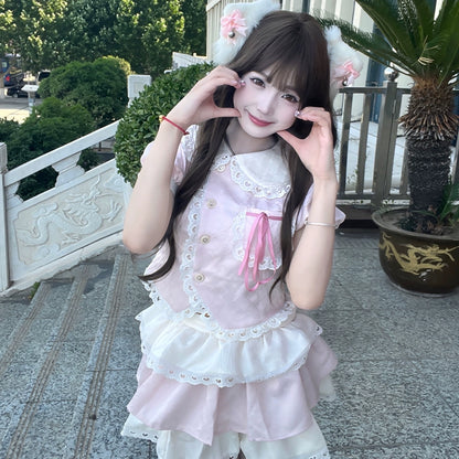 Kawaii Pink Outfit Set Sweet Tiered Skirt Set 37546:576788