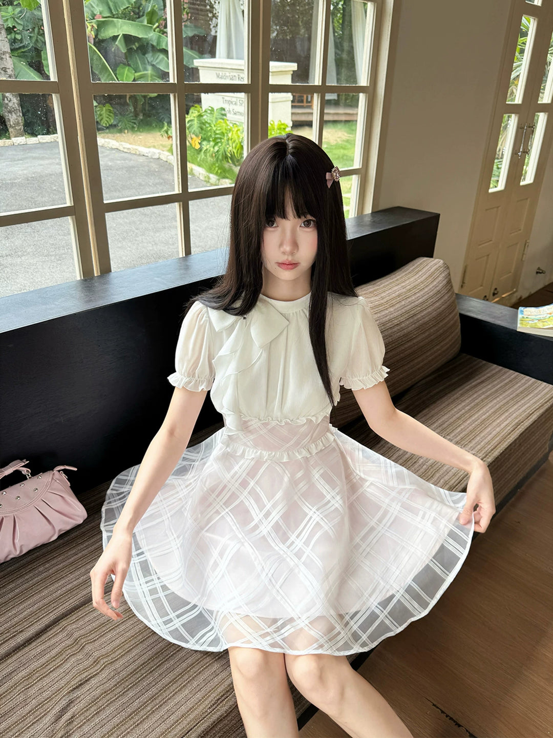 Seiso Kei High Waist Dress, Diamond Grid Tulle Hem 45623:858544