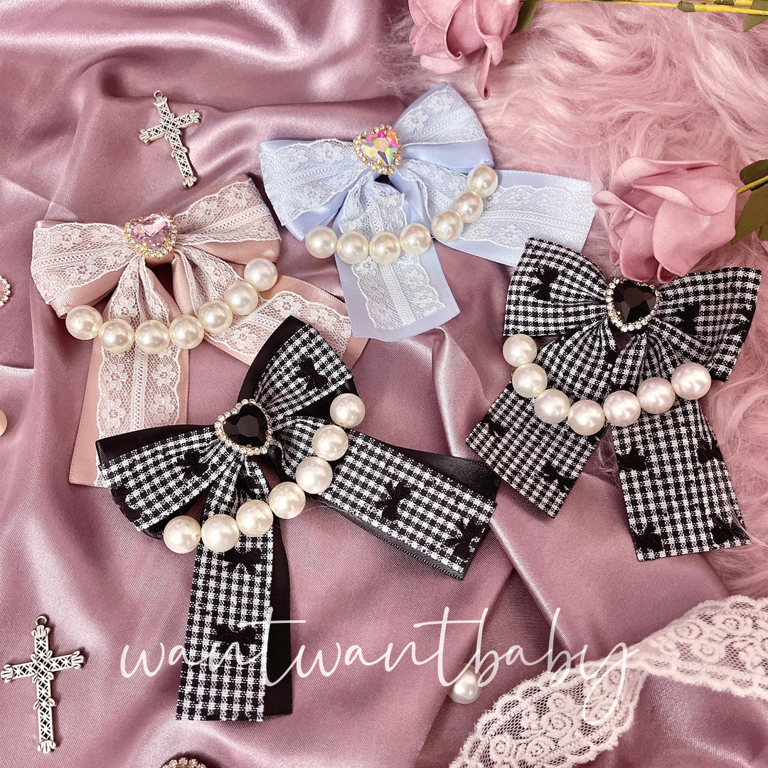 Handmade Jirai Kei Lolita Plaid Lace Pearl Bow Hair Clip 21764:314832 21764:314832