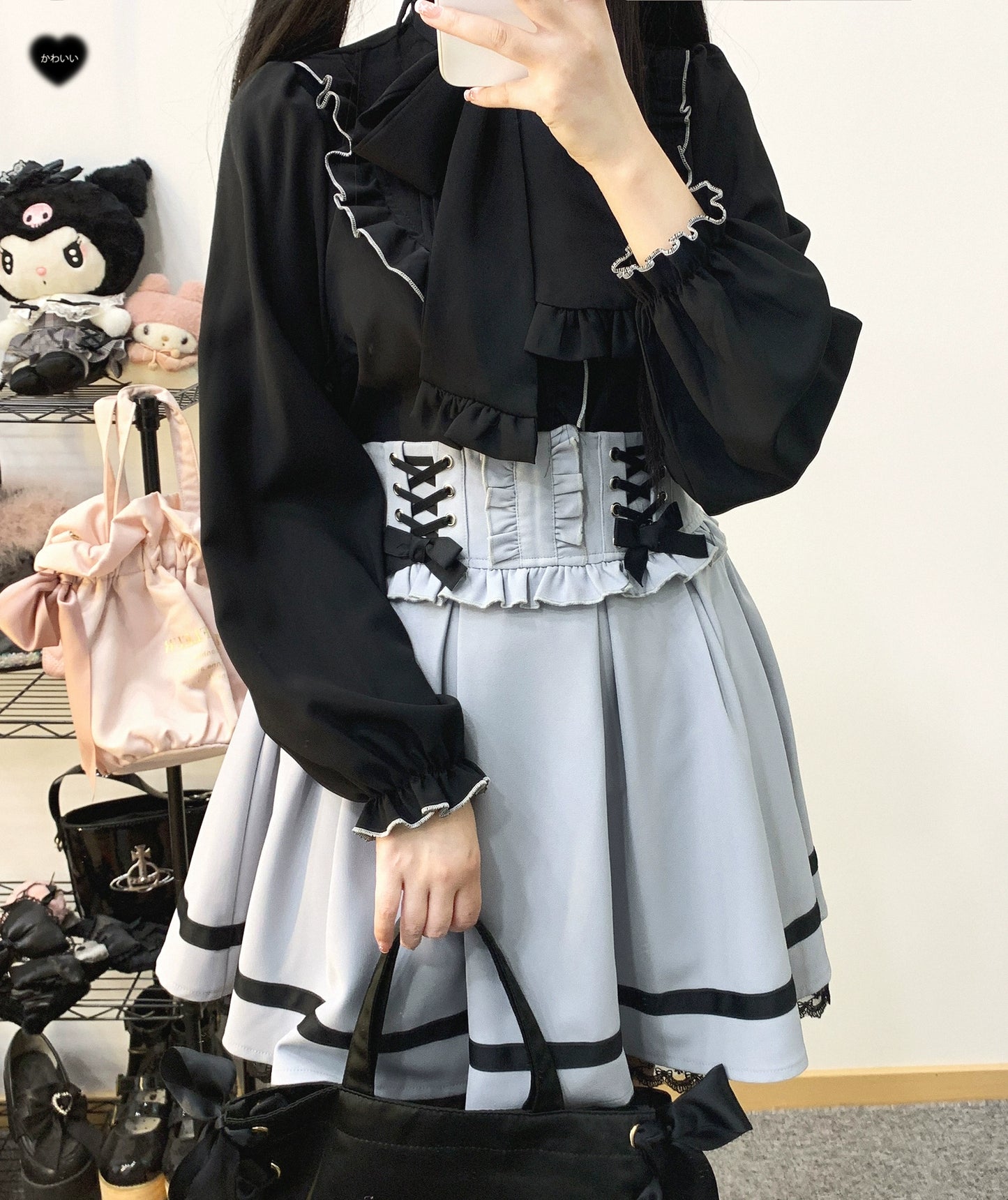 Jirai Kei White Black Blouse Lace Standing Collar Long Sleeved Shirt (Black) 31852:372672