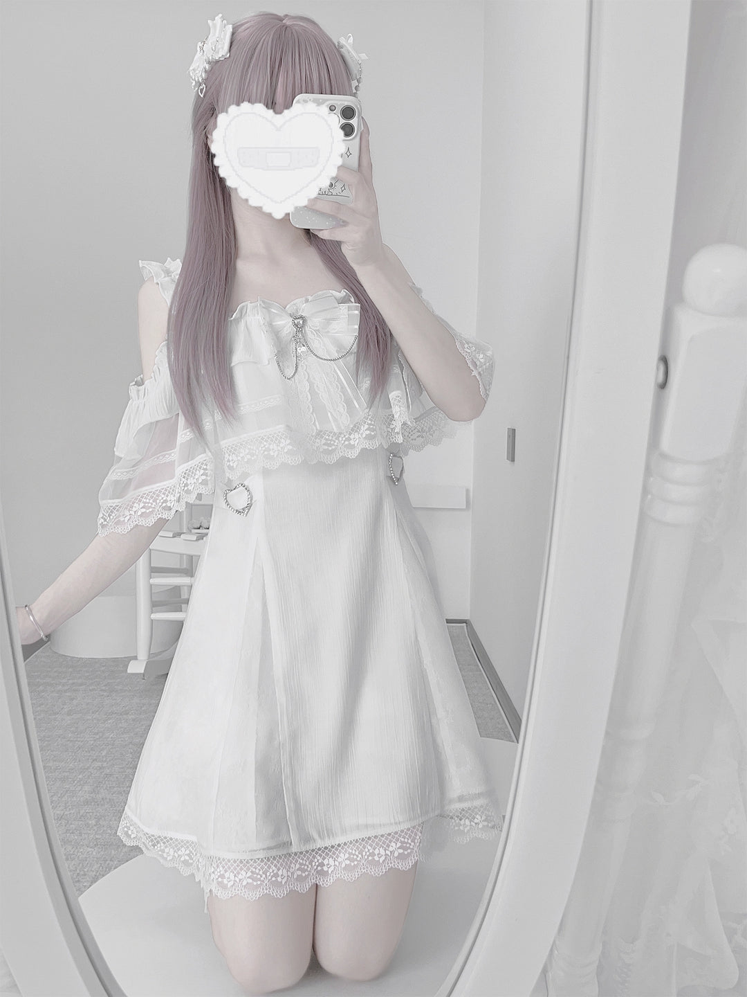 white dress with sheer overlay Solid White Ryousangata Dress, Bust Sheer Overlay Dress + Bowtie / M