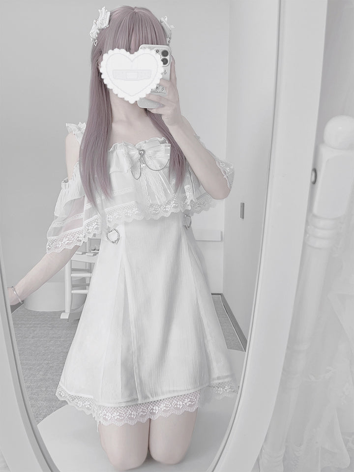 Solid White Jirai Kei Dress With Bust Sheer Overlay 43299:772975