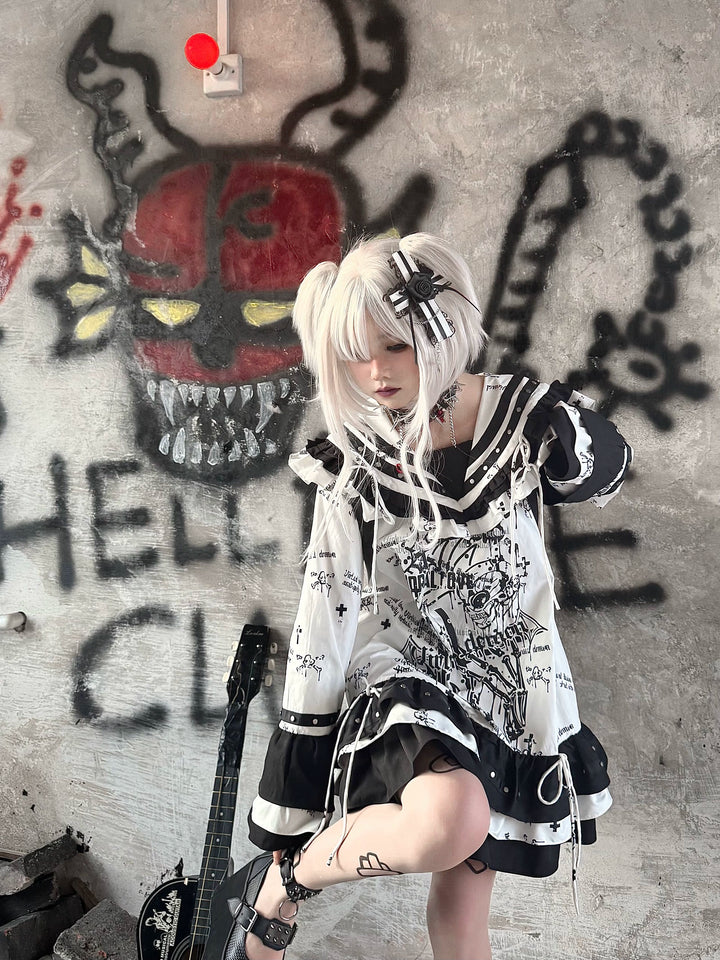 Yami Kawaii Sailor Collar Dress with Grommet Belt & Skull Prints 42856:755587