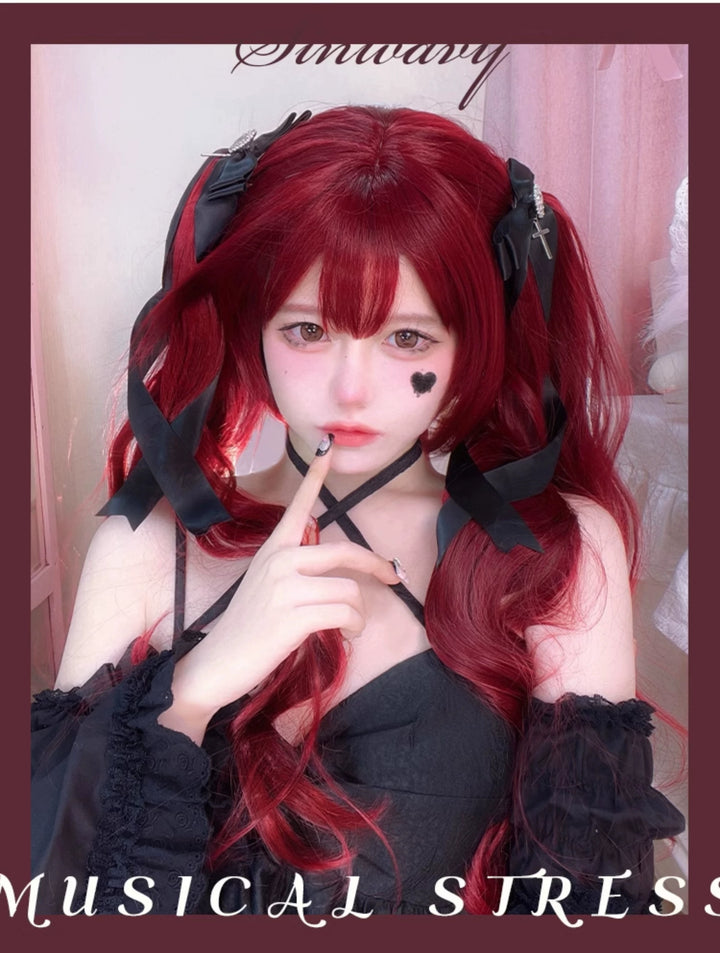 Gothic Lolita Wig Raspberry Red Claw Clip Double Ponyails 39354:640694