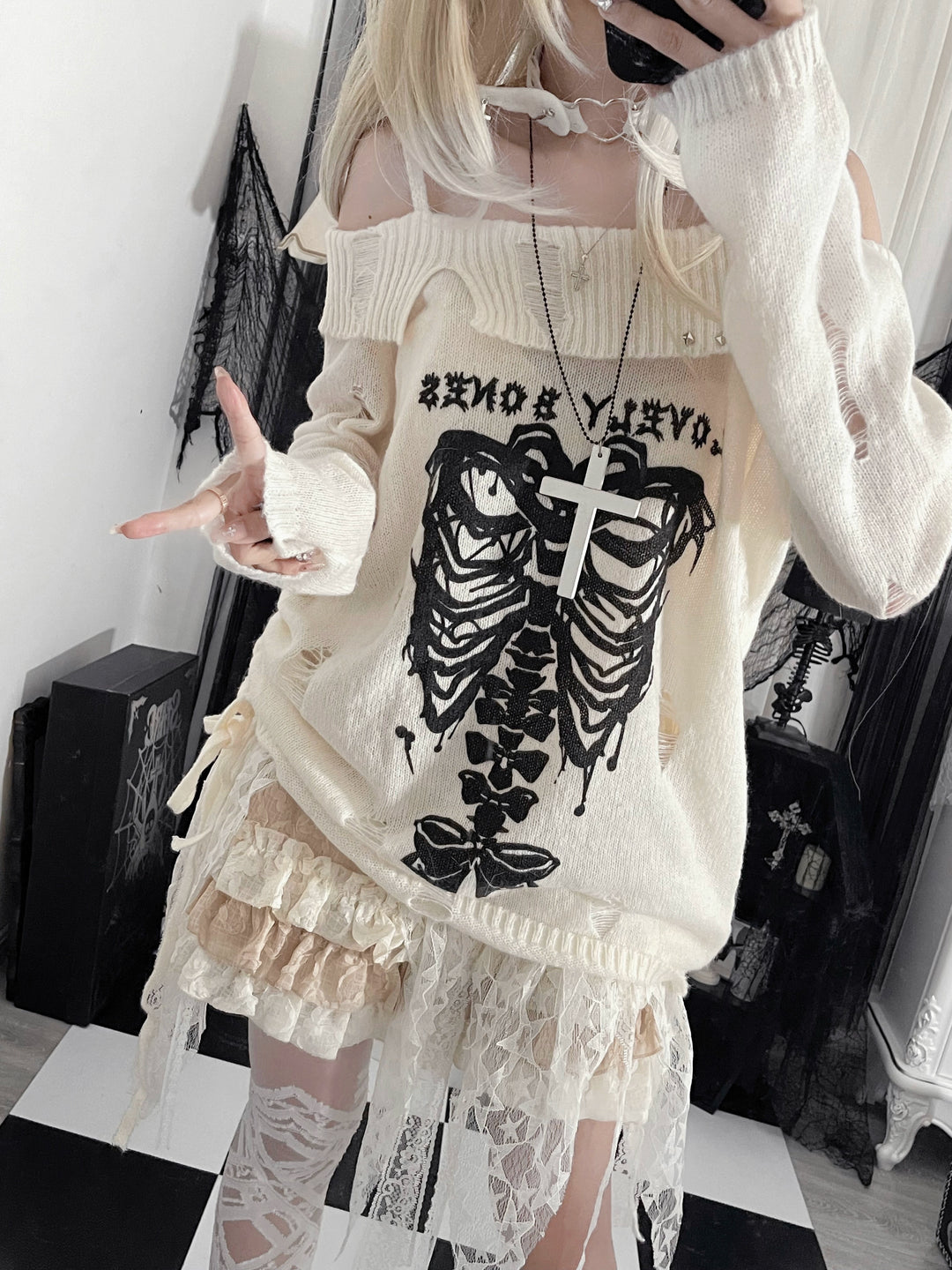 Y2K Sweater Butterfly Bone Off-Shoulder Top Subculture Shirt 38526:593196