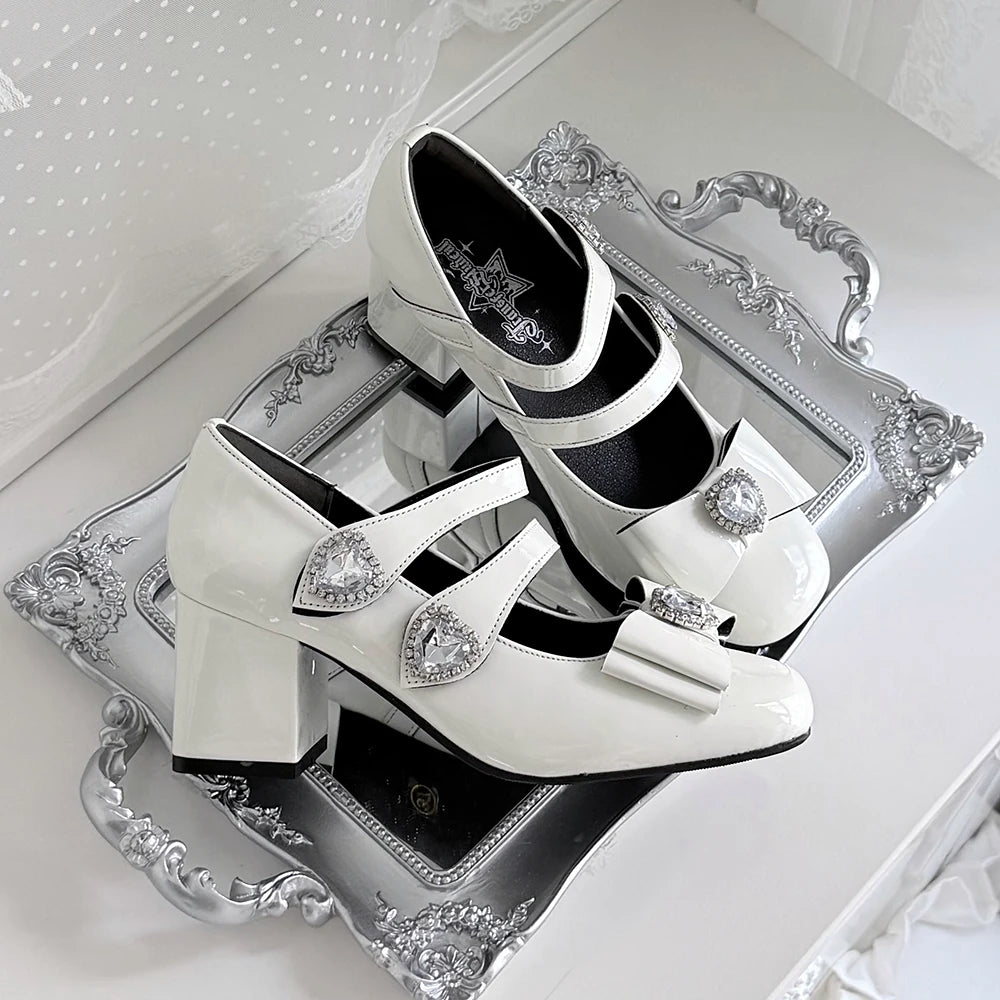 Jirai Kei Square Toe Chunky Heels, Heart rhinestone Details (35 36 37 38 39 40 41 42) 45840:867427